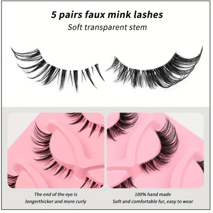 CURSAVELA Fox Eye Wispy Lashes - 5 Pairs Transparent Band 3D Curling Cat Eye Effect