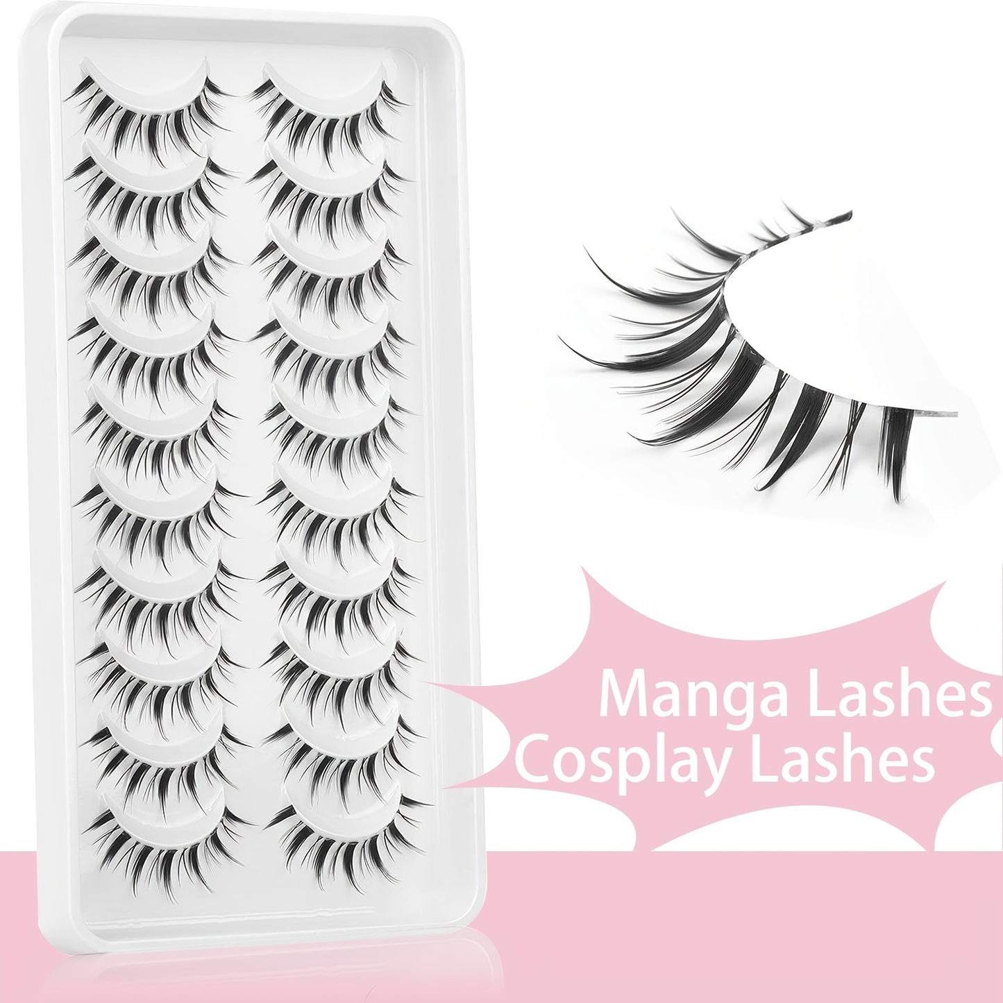 CURSAVELA  10 Pairs Wispy Manga Lashes – Natural Cat Eye, Korean Anime Style, Lightweight, Reusable