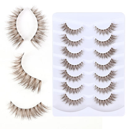 Multi-Pair Synthetic Fiber 3D Curled Brown False Eyelashes with Transparent Stem, Cross-Border Colored Lashes