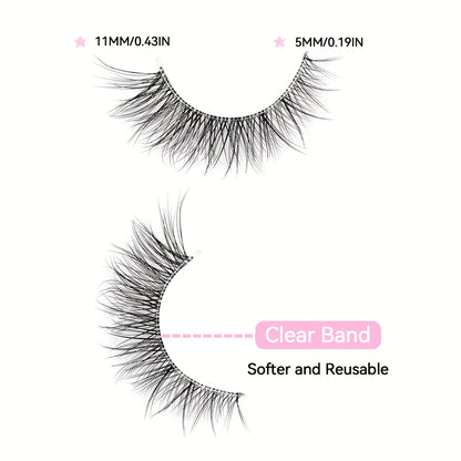 5 Pairs 3D Natural Faux Mink Wispy Cat Eye Lashes Pack with Transparent Stem, Crisscrossed Short Strip Lashes