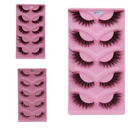 5-Pair Set 3D Cat Eye Fox Style False Eyelashes, Vintage Slanted Fluttering Design, Natural, Dense, Curled, Faux Lashes