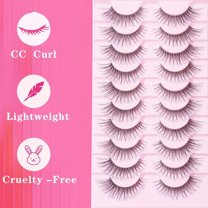 10 Pairs Luxurious Volumizing False Eyelashes-Crisscross Design,Lengthening Ends,Natural Look,Transparent Stem,8-14mm