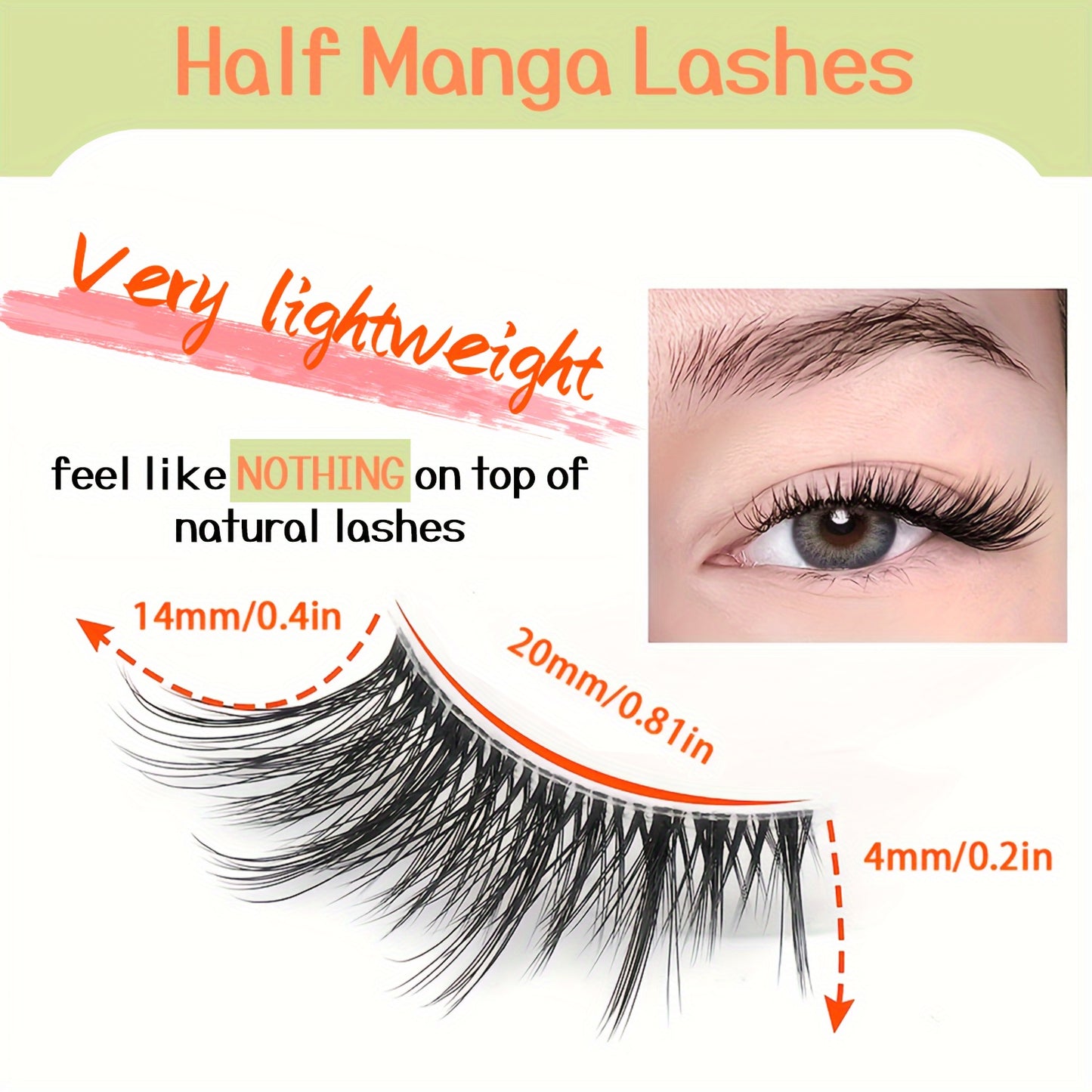 7 Pairs 3D Natural Half Lashes - Wispy Cat Eye Manga Style with C Curl and Transparent Band