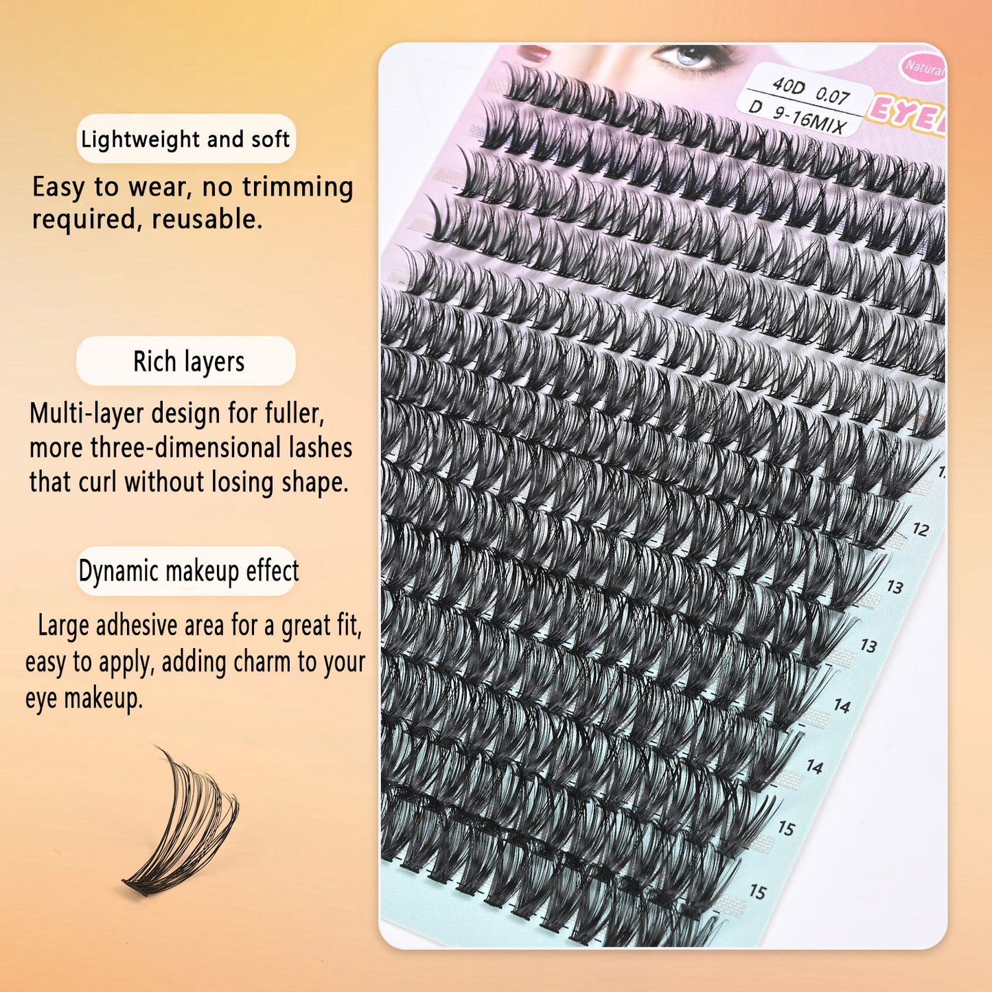 100 pcs Segmented Hot-Melt Cluster Lashes – 3D Curled, Dense, Large Capacity 14-Row Lash Set