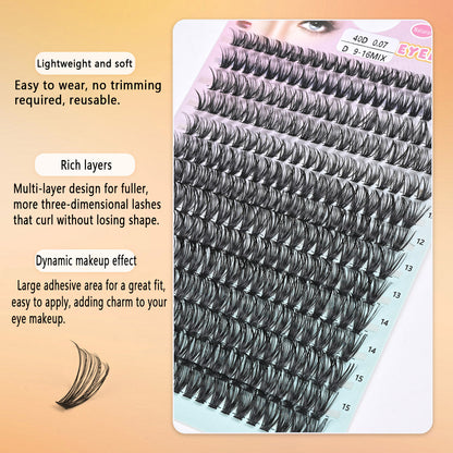 100 pcs Segmented Hot-Melt Cluster Lashes – 3D Curled, Dense, Large Capacity 14-Row Lash Set