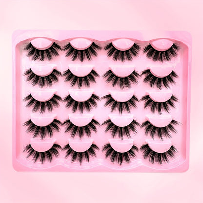 10 Pairs of Luxurious Wispy Natural Faux Mink Eyelashes - 3D Dramatic Volume, Fluffy & Long, Cat Eye Manga Style