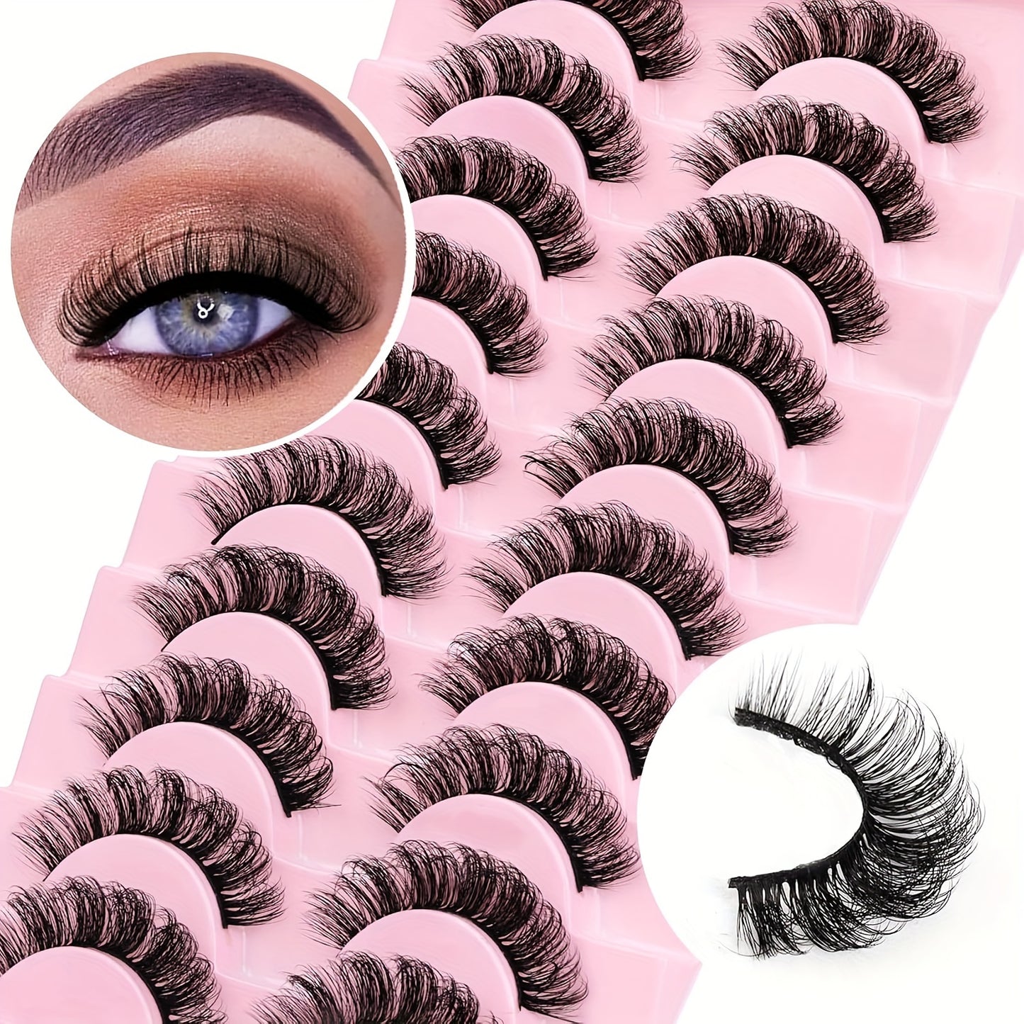 10 Pairs Fluffy D Curl False Eyelashes - Wispy, 3D Volume, Soft & Handmade for Beginners, Clear Band, 12mm Medium Length