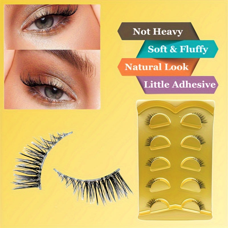 5 Pairs Natural Half Eye Cat Fox Lashes - Waterproof, Transparent Stem, Eye Tail Extension Lashes for Beginners