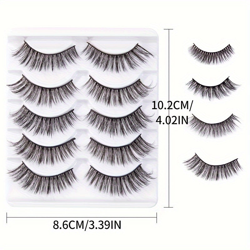 5 Pairs Natural Strip Lashes, 3D Volume Faux Mink, C Curl, Fluffy Cat Eye, Soft Curly, Flared Wing Tips, Reusable, Looks Like Extensions for Daily Use