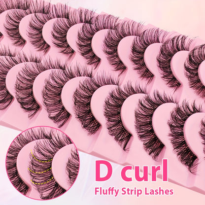 10 Pairs False Eyelashes Set - Cat Eye Russian DD Curl, D Curl, 16-18mm Fluffy Lashes, Natural Look Clear Band Faux Mink with Extended Outer Corner