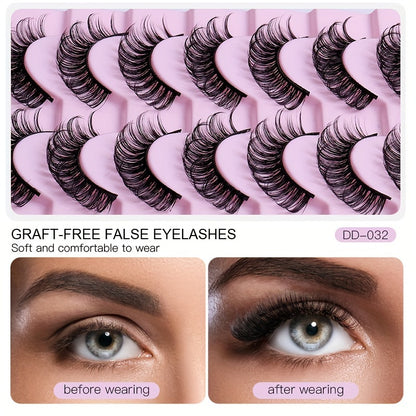 10 Pairs 3D Natural Look False Eyelashes, Hypoallergenic Individual Curl Up Lashes, Fluffy & Durable for Beginners Makeup