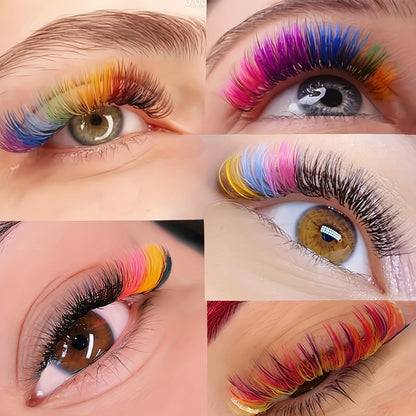 Colorful 10D Volume Fan Eyelash Extensions - 120 Clusters, Pointed Base, Easy-to-Apply & Reusable, Ethically Made, D-Curl, Mixed Colors (Yellow, Blue, Purple, Brown).