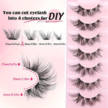 7 Pairs of Fitting Eyelashes - Natural Look, Clear Band, Thin, Fox Eyes, Korean Short, Anime Mink, Cluster Strip Pack.