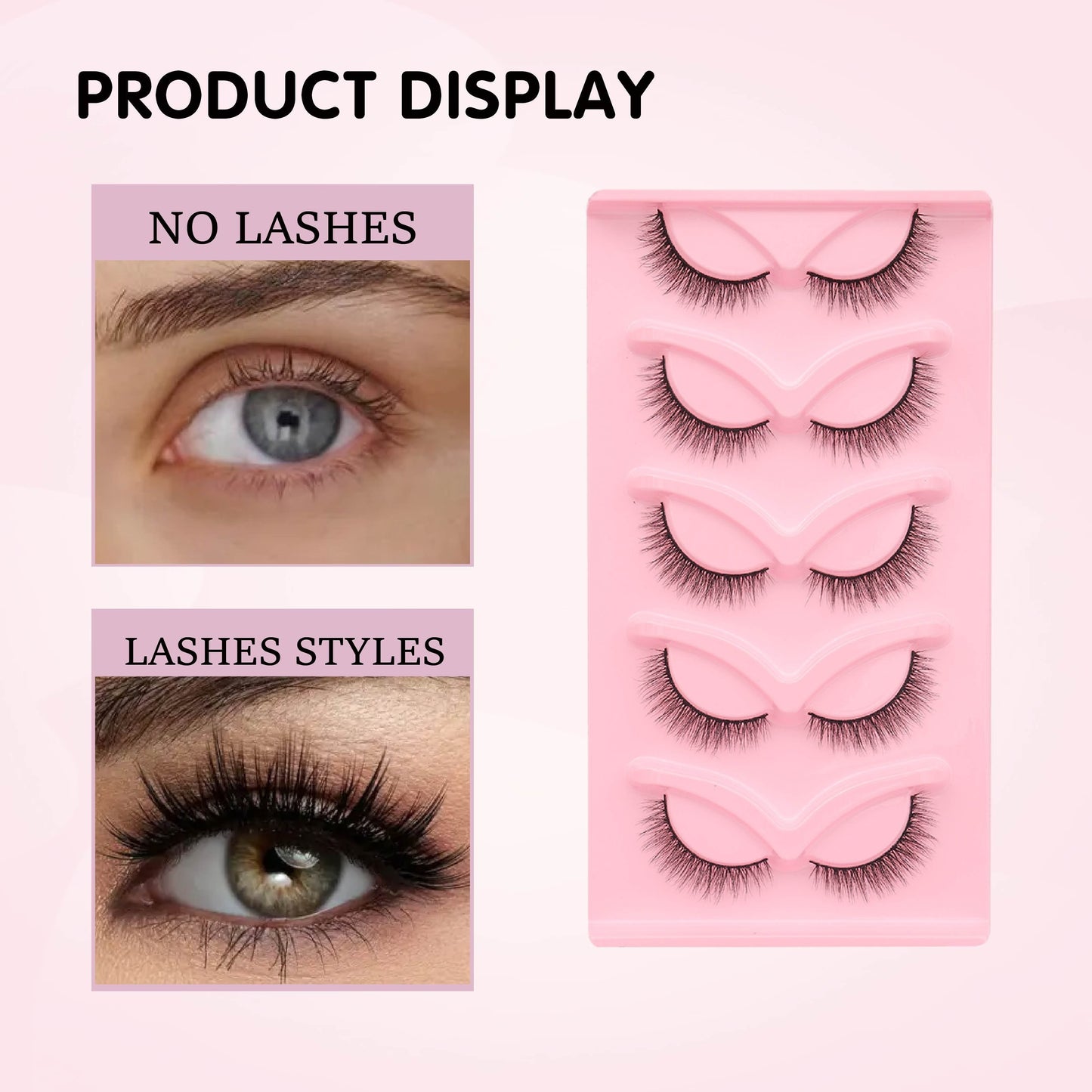 5 Pairs Fluffy Cat Eye False Eyelashes - Faux Mink, Natural Look, B/C/D Curl, 10-15mm.