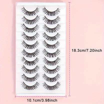 10 Pairs D-Curl False Eyelashes, Lightweight Natural Wispy 3D, 6-12mm Length, Reusable, Doll Eyes, Role Play