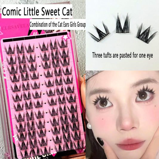 Comic Sweet Cat Single Cluster False Eyelashes: Natural & Dense, Get the Girl Group Look, Beginners Become Eyelash Pros in No Time!