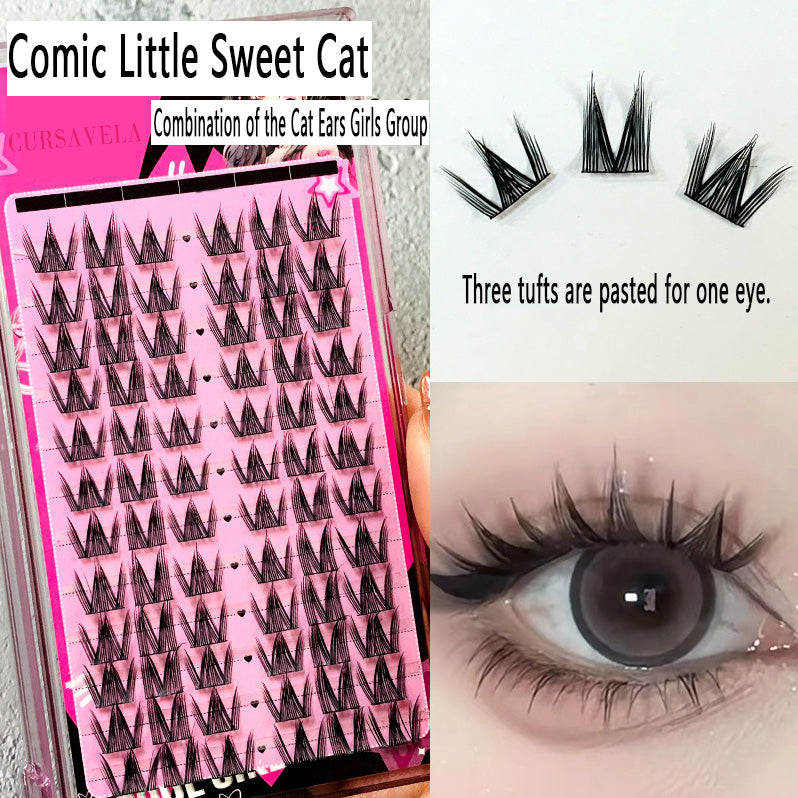 Comic Sweet Cat Single Cluster False Eyelashes: Natural & Dense, Get the Girl Group Look, Beginners Become Eyelash Pros in No Time!