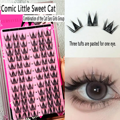 Comic Sweet Cat Single Cluster False Eyelashes: Natural & Dense, Get the Girl Group Look, Beginners Become Eyelash Pros in No Time!