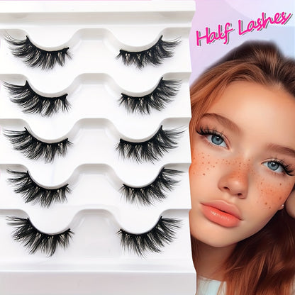 5 Pairs Half Lashes 16mm Natural Look Wispy Cat-Eye Lashes - Fluffy Soft 3/4 Corner Elongated Faux Mink Strip Lashes Set