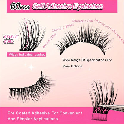 Individual DIY lashes 60 Pcs Reusable Self-Adhesive Cluster Lashes – DIY Press-On Extensions, Natural Look, 8-16mm