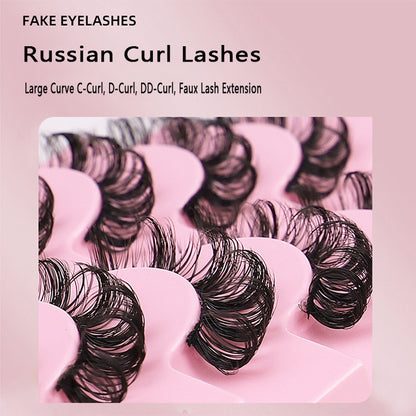 10-Pair Set of New DD Curl Russian Volume Lashes, Large Curve, Dramatic C & D Curls, Thick European & American Style Eyelashes