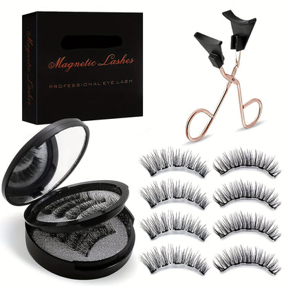 8 Pair Reusable Magnetic Dual 3D False Eyelashes Kit - No Glue, Waterproof, Natural Looking, Easy to Wear with Applicator for Any Holiday