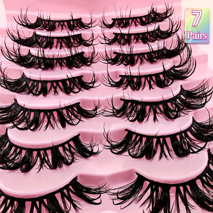 CURSAVELA 7 Pairs of D-Curl 19mm Manga Lashes - Thick & Wispy, Natural Slender Style for Cosplay & Anime Looks