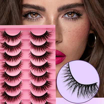 10 Pairs Fluffy Faux Mink Eyelashes Set - 0.07mm Thickness, D Curl, Multi-Length 6-15mm, Self-Adhesive, Reusable for Cat Eye & Natural Style.