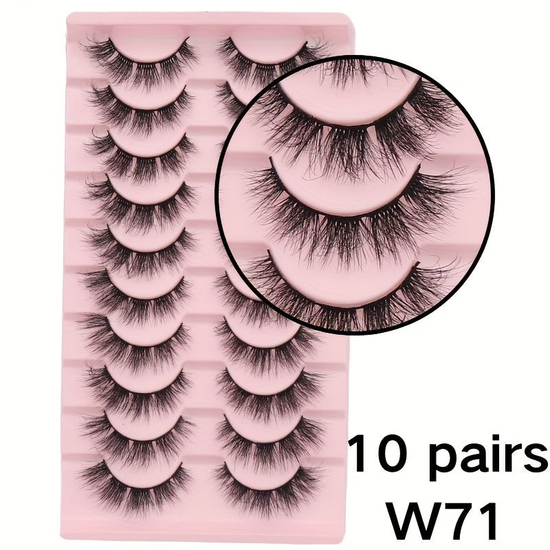 10 Pairs of Thick Cat Eye False Eyelashes - Natural Look, Fluffy, Handmade, Perfect for Daily Makeup.