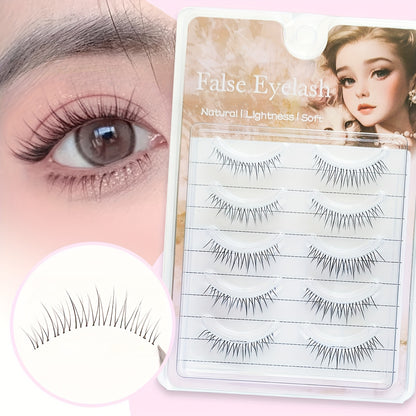 5 Pairs of Korean & Japanese Style Eyelashes - Natural Look, Soft & Reusable with Clear Adhesive, Waterproof, 11 - 14mm Mixed Lengths.