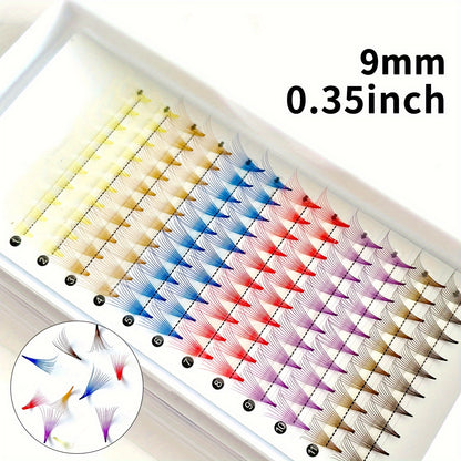 Colorful 10D Volume Fan Eyelash Extensions - 120 Clusters, Pointed Base, Easy-to-Apply & Reusable, Ethically Made, D-Curl, Mixed Colors (Yellow, Blue, Purple, Brown).