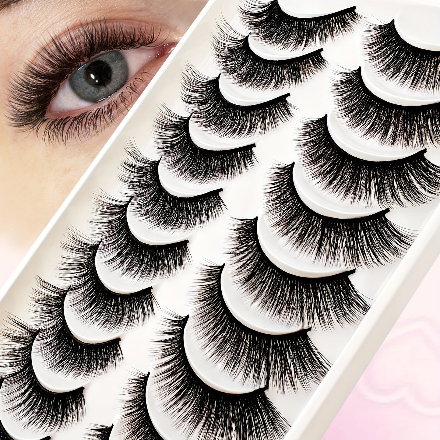 10 Pairs Cat Eye False Eyelashes - Fluffy Volume C Curl Faux Mink in 6-9mm, 10-12mm, 13-15mm, Perfect for Beginners, Reusable.