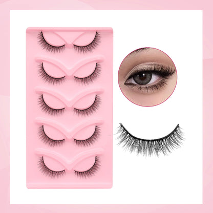 5 Pairs Fluffy Cat Eye False Eyelashes - Faux Mink, Natural Look, B/C/D Curl, 10-15mm.