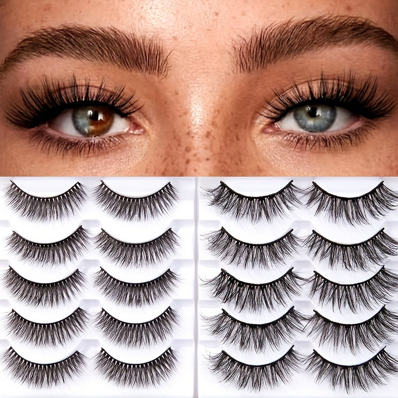 5 Pairs Natural Strip Lashes, 3D Volume Faux Mink, C Curl, Fluffy Cat Eye, Soft Curly, Flared Wing Tips, Reusable, Looks Like Extensions for Daily Use