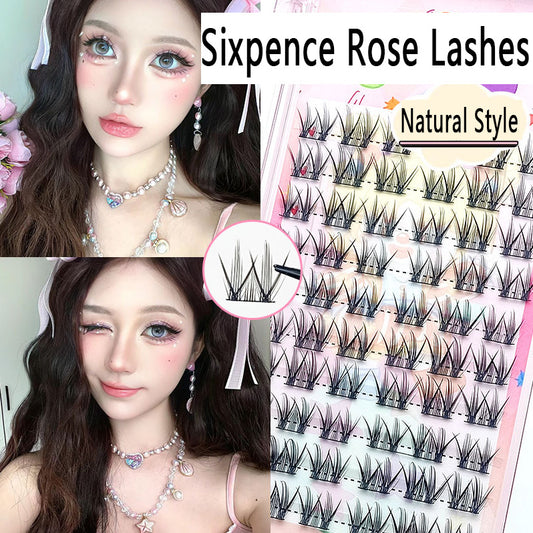 100pcs Lazy Girl's Sixpence Rose False Eyelashes - Natural Clustered Dense Manga Eye Lashes for Beginners, Camera-Ready