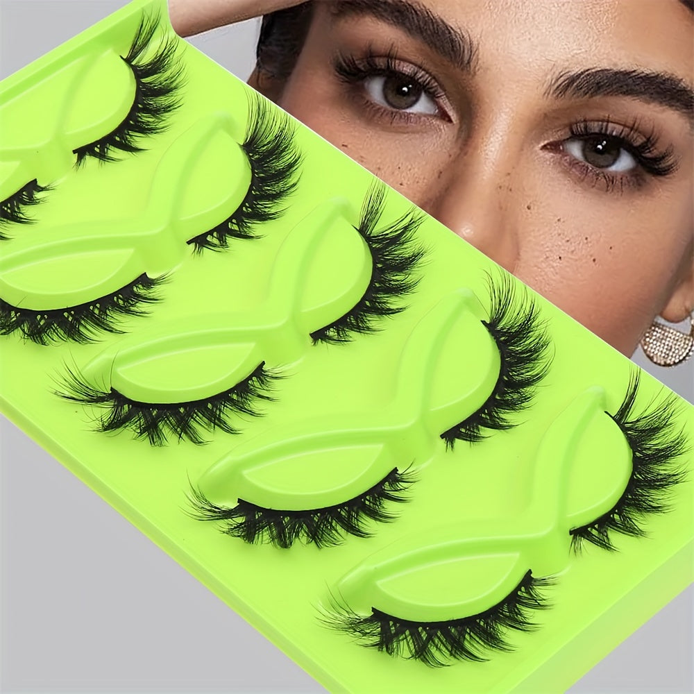 Easy Fan Eyelashes Cat Eye Faux Mink Eyelashes 5 Pairs - Hypoallergenic, Fluffy Soft Cross Full Strip Lashes, Natural Look, Long Lasting