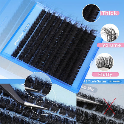 Luxe Faux Mink Eyelashes - D Curl, Thick & Fluffy Cluster Extensions, 10-16mm, DIY Individual Lashes for Beginners, Reusable