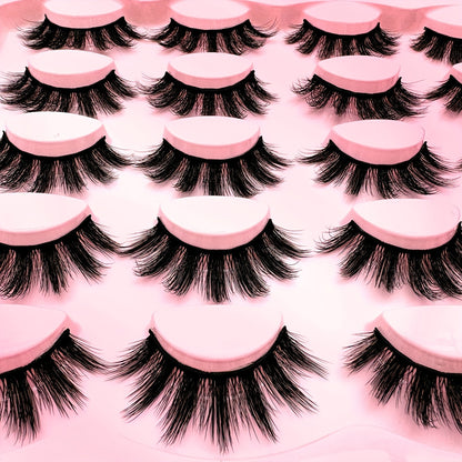 10 Pairs of Luxurious Wispy Natural Faux Mink Eyelashes - 3D Dramatic Volume, Fluffy & Long, Cat Eye Manga Style