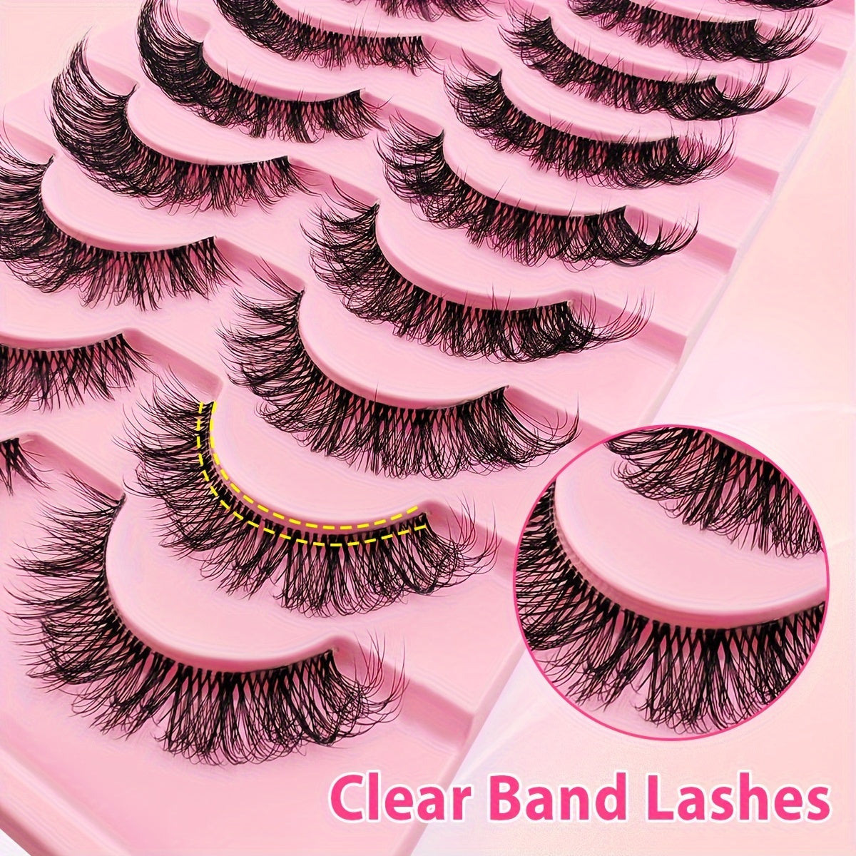 10 Pairs False Eyelashes Set - Cat Eye Russian DD Curl, D Curl, 16-18mm Fluffy Lashes, Natural Look Clear Band Faux Mink with Extended Outer Corner