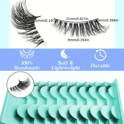 10 Pairs Cat-Eye Half Lashes with Transparent Stems – Natural Look, Reusable, D Curl, 10-12mm/6-9mm Length, Easy for Beginners