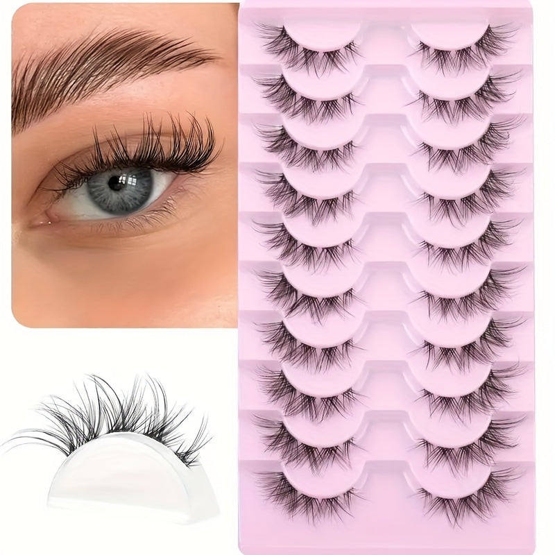 Cluster Lashes Natural Look, Wispy Manga Eyelash Extensions Strip, Cat Eye Lashes with Transparent Stem Short Anime Korean Makeup False Eyelashes (10 Pairs)