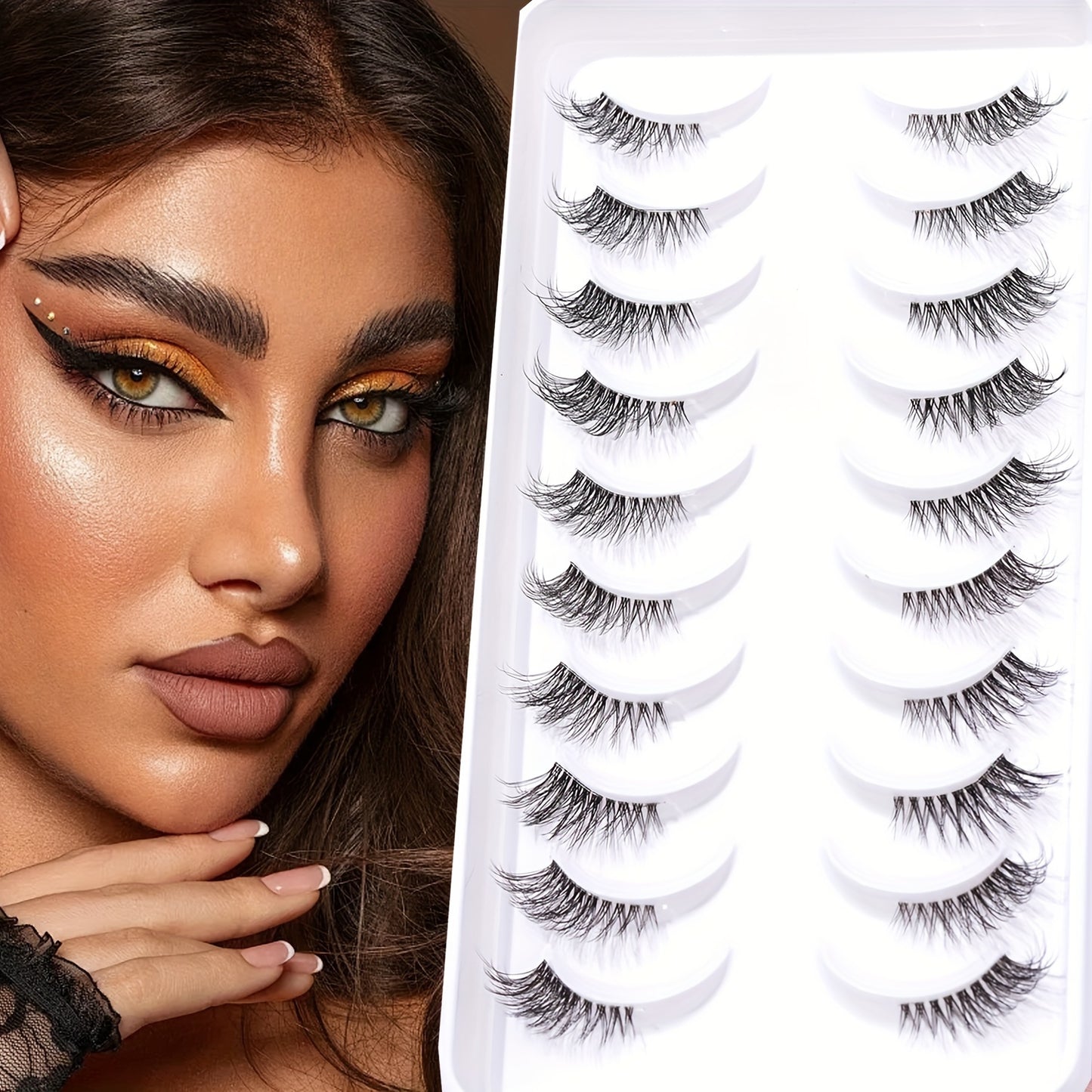 10 Pairs of Luxurious Wispy Half Lashes - Natural Look, Clear Band, Lightweight, Reusable, Perfect for Daily, Dating, and Party Makeup.