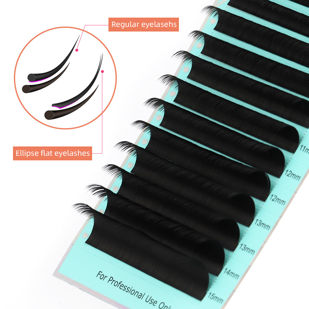 Ellipse Flat Eyelashes CURSAVELA 100pcs C CC D Ellipse Flat False Eyelash Extensions - Matte Split-tips, Fake Eyelashes, Dark Black Flat Ellipse Makeup Lashes.