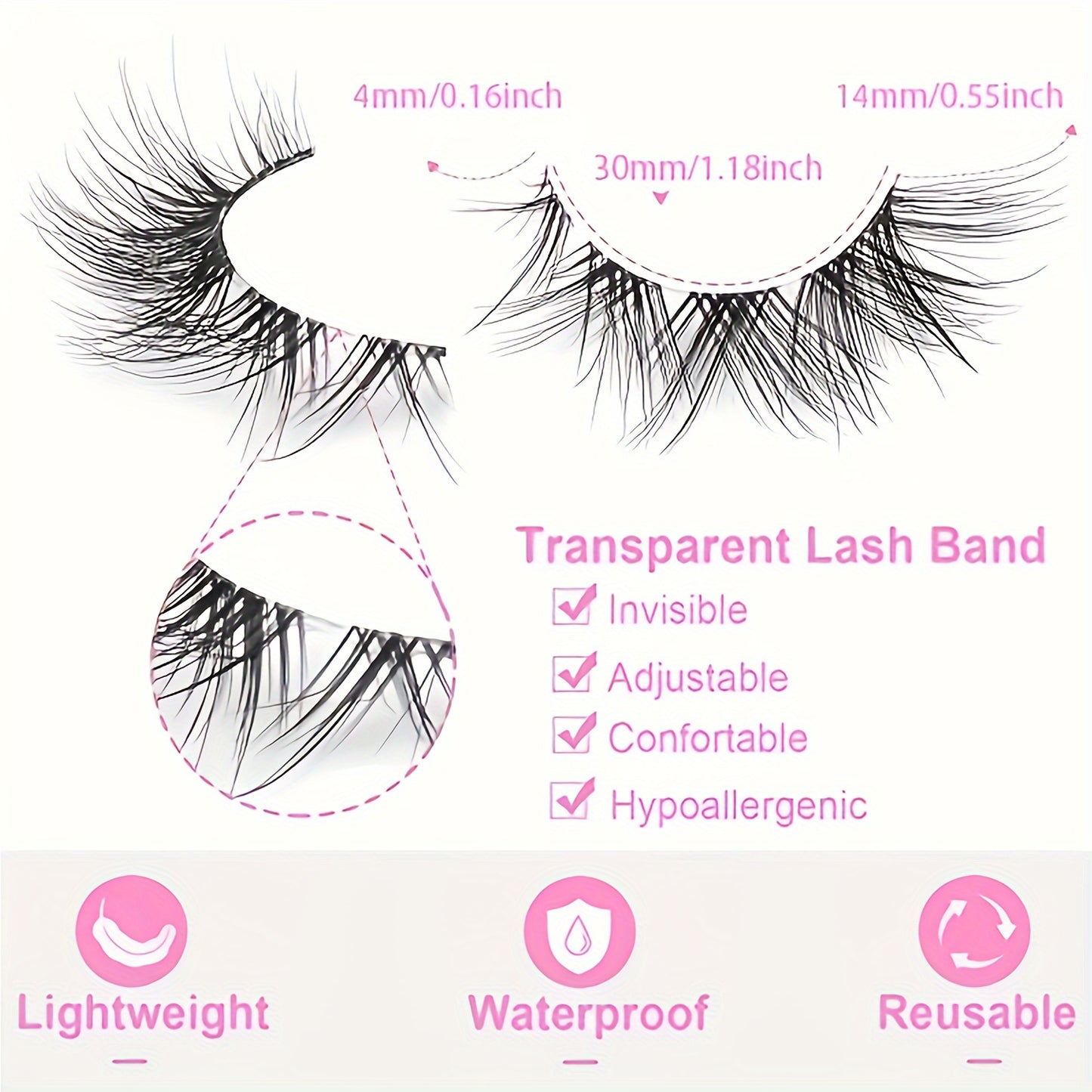 7 Pairs of Fitting Eyelashes - Natural Look, Clear Band, Thin, Fox Eyes, Korean Short, Anime Mink, Cluster Strip Pack.