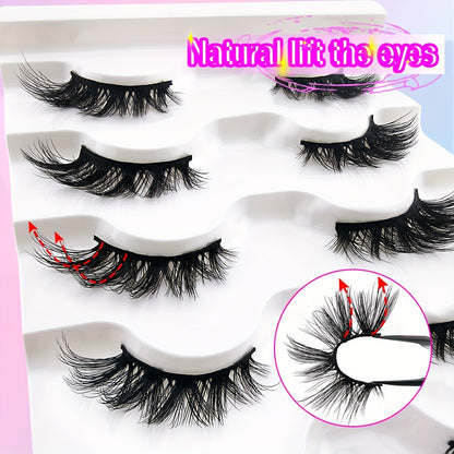 5 Pairs Half Lashes 16mm Natural Look Wispy Cat-Eye Lashes - Fluffy Soft 3/4 Corner Elongated Faux Mink Strip Lashes Set