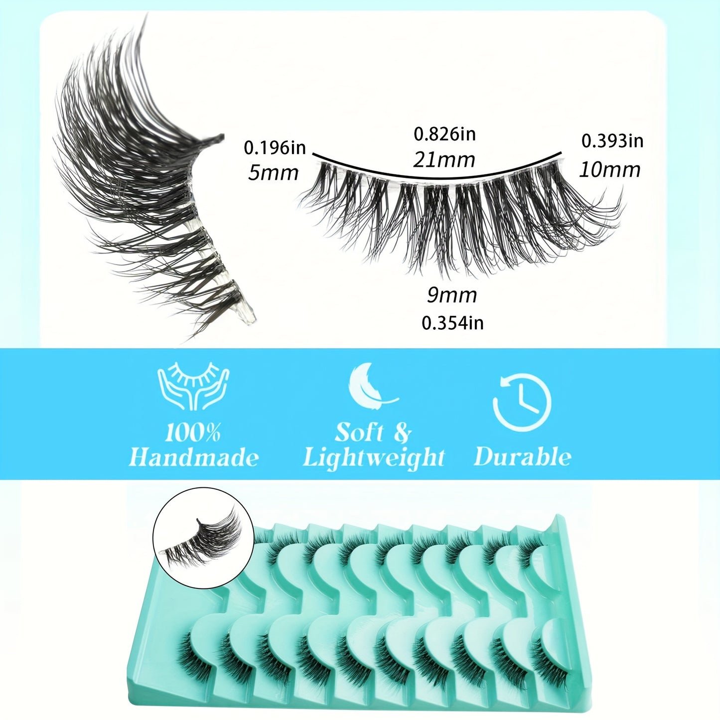 3D Fluffy Faux Mink Half Lashes - Clear Band, Natural Cat Eye, 10 Pairs, Tapered Ends, Soft European & American Style