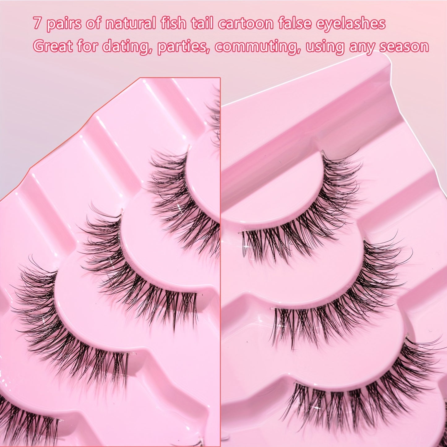 Hypoallergenic Natural Long Fish Tail False Eyelashes - 7 Pairs with Transparent Band, Soft Faux Lashes for Daily & Date Makeup