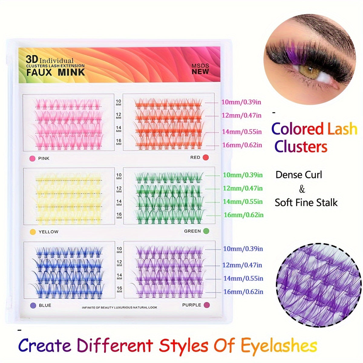 240-Piece Colorful Faux Mink Eyelash Set - 100pcs Thick & Fluffy, Reusable - Great for Cosplay & Halloween