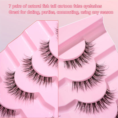 Hypoallergenic Natural Long Flare Fish Tail False Eyelashes - 7 Pairs Transparent Band Soft Faux Lashes for Daily & Date Makeup