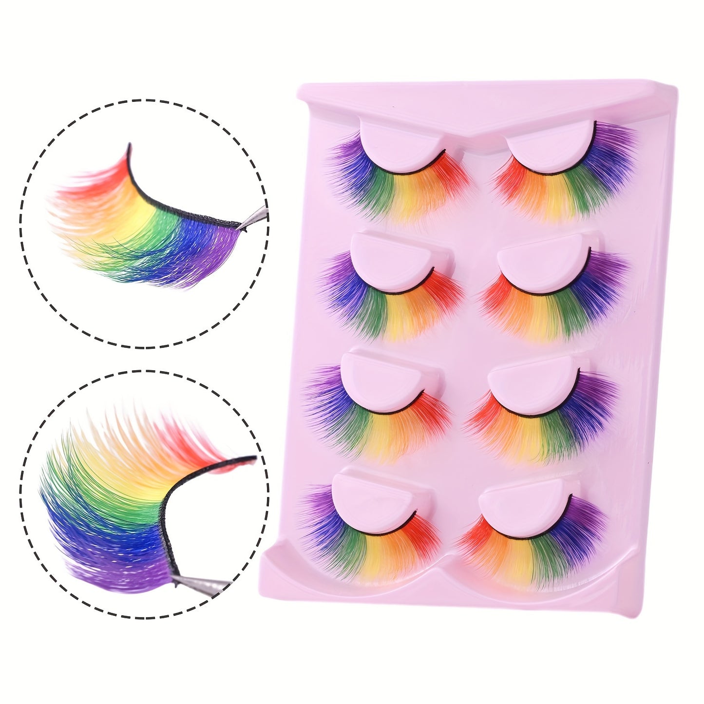 4 Pairs Mixed Colorful False Eyelashes, 10-17mm Rainbow Full Strip Black Stem 3D Curled Fluffy Thick Lashes for Anime Cosplay & Doll Makeup, Music Festival Looks